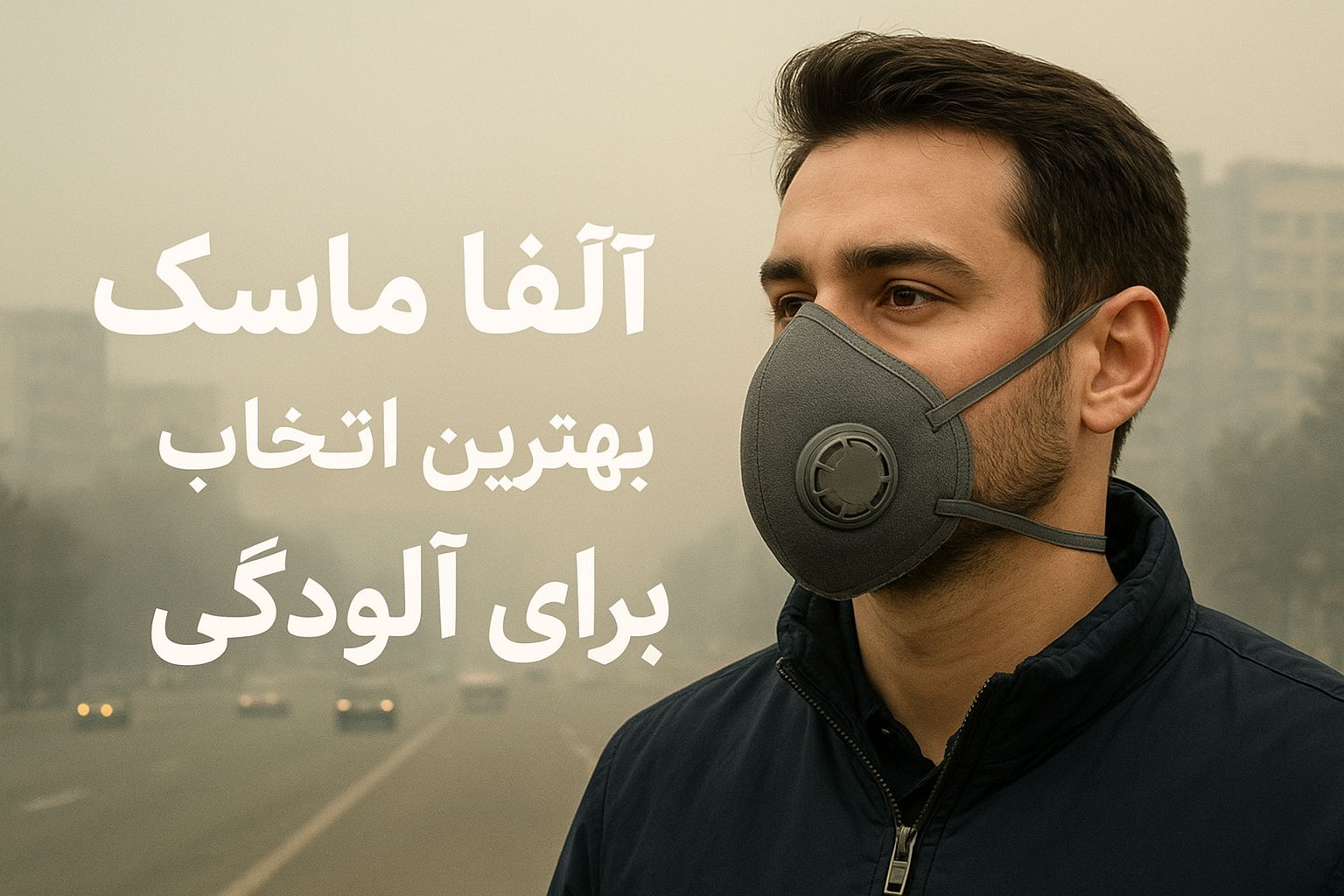 مردی با ماسک تنفسی آلفا ماسک در هوای آلوده شهر؛ محافظ تنفسی استاندارد برای مقابله با آلودگی هوا و بخشی از تجهیزات ایمنی و حفاظت فردی